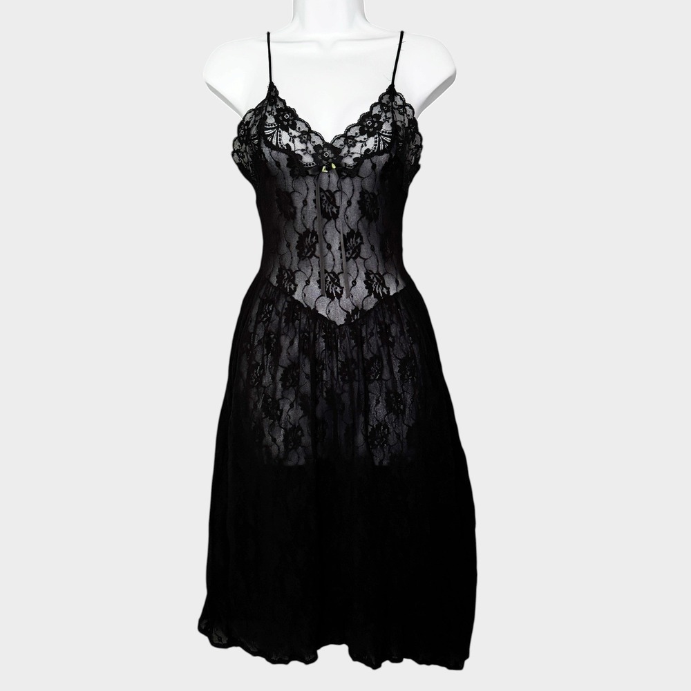 Lady Lynne VTG Slip Dress Chemise Womens S Black Lace Whimsigoth Coquette Basque